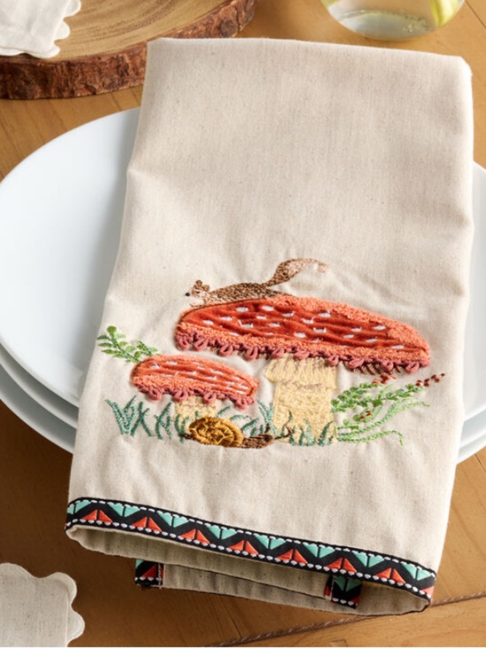 WORLD MARKET EXCLUSIVE Oatmeal Embroidered Critters Kitchen Towel, Rust Mushroom - Picture 3 of 8